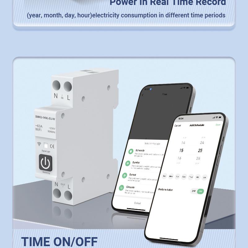 Умный WiFi автоматический выключатель Tuya: Пульт дистанционного управления, Таймирование, Измерение, Защита от перегрузки по току/перенапряжения, Аварийная сигнализация и Автоматический выключатель.