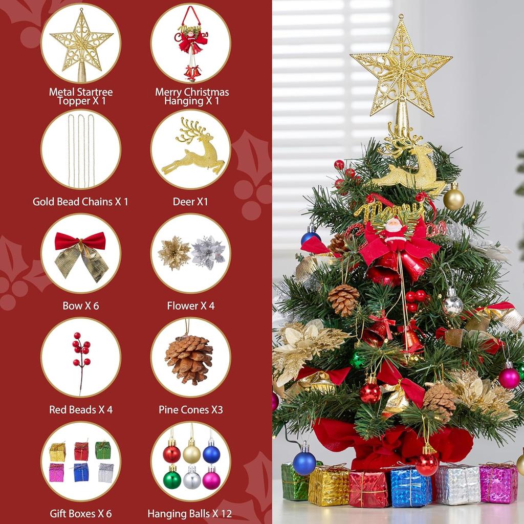 JOIEDOMI 24"/2 фута Предварительно украшенная елка с искусственной настольной елкой Включает верхушку в виде звезды и украшения для рождественского декора в помещении