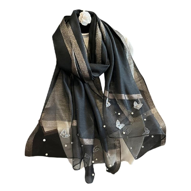 Elegant Embroidered Butterfly Silk Scarf For Women Lightweight Polyester Hijab Shawl Wrap Stole Accessory Gift
