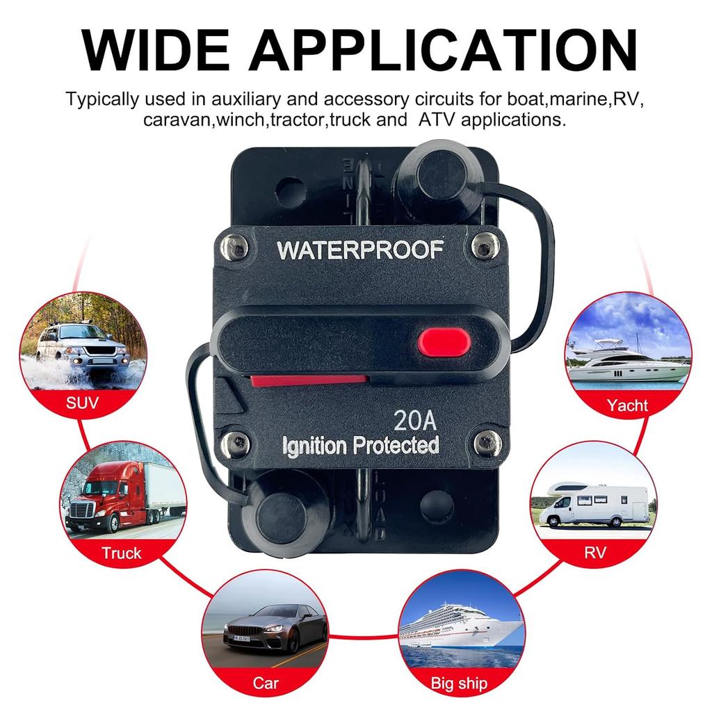 20 Amp Circuit Breaker 12V - 48V DC with Manual Reset Switch Button for Boat Trolling Motor Marine ATV Trailer Vehicles Stereo Audio Electronic