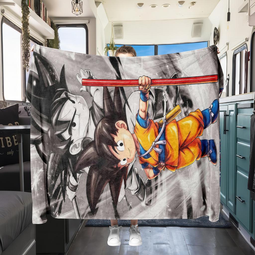 1PC Cartoon Son Goku Print Flannel Blanket, High quality All Seasons, Home Decor, Warmth and Comfort, Perfect for Christmas Gifts