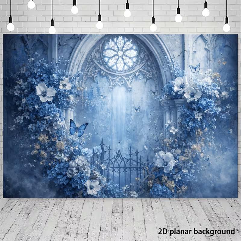 2D Vintage Blue Floral Butterfly Photography Background