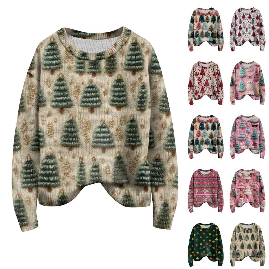 Long Sleeve Pullover Sweaters For Women O Neck Casual Cute Printing Knit Oversized Sweater