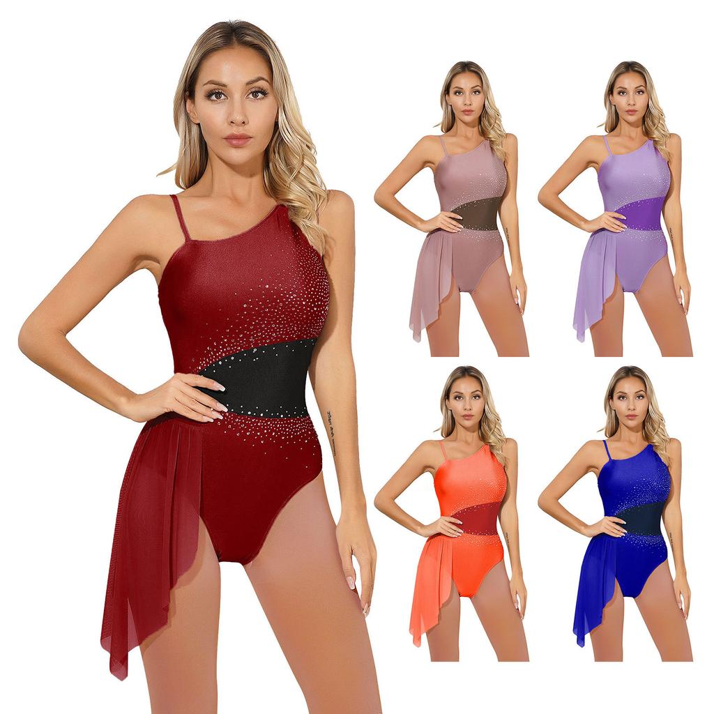 Womens Figure Skating Dance Performance Costume Glittery Rhinestone Irregular Shoulder Leotard Color Block Sleeveless Bodysuit