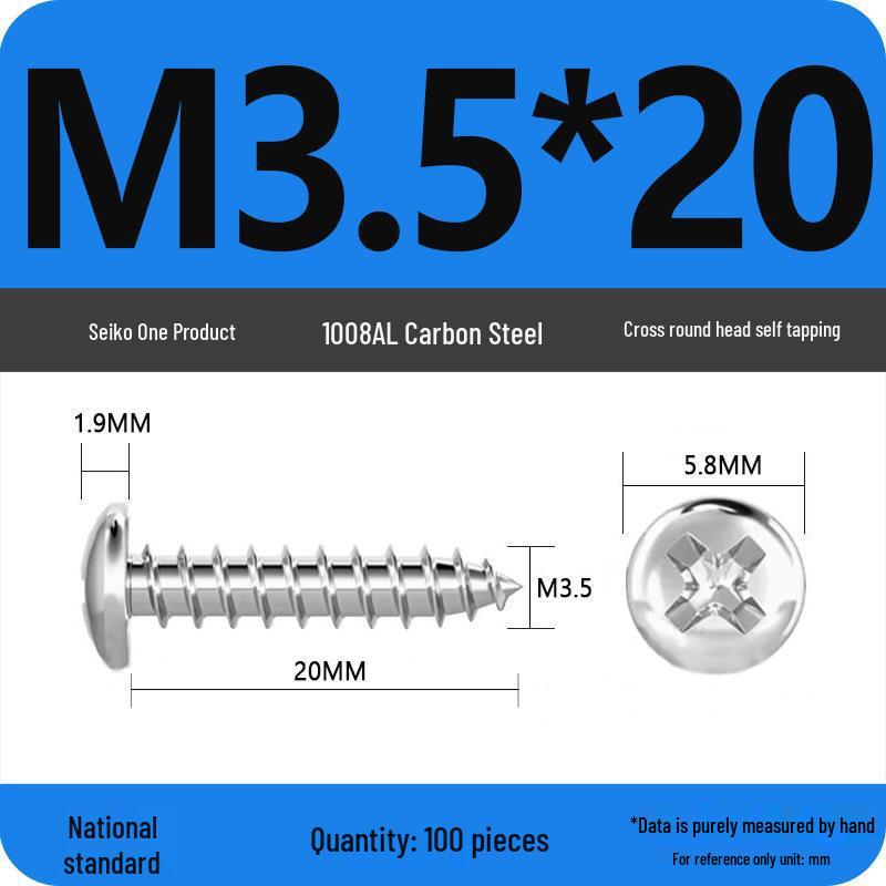 Galvanized Self-Tapping Screws, Round Head, White Zinc, PA Cross Pan, Pointed Tail M1.2-M4