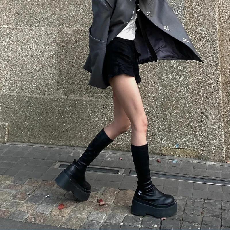 Платформа Толстый каблук Женские сапоги до колена Модные слипоны для похудения Длинные сапоги Осень Зима Женские увеличивающие сапоги