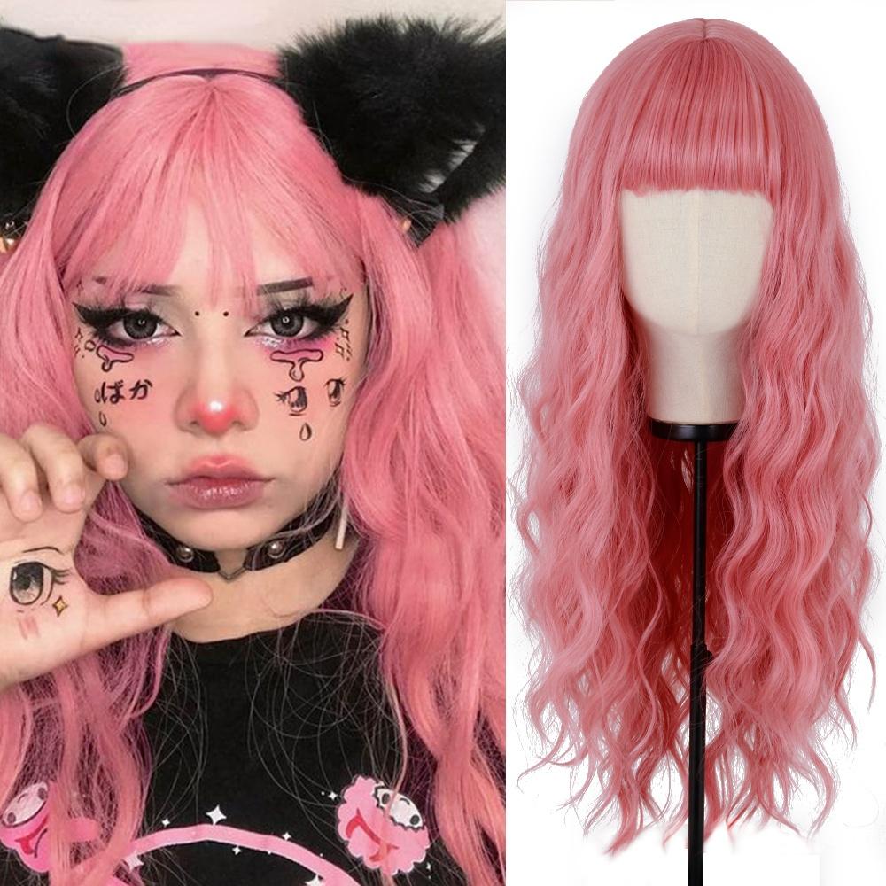 MERISIHAIR Long Ombre Synthetic Orange Red Black Pink Wigs with Bangs Water Wave Synthetic Heat Resistant Fiber Wigs for Women