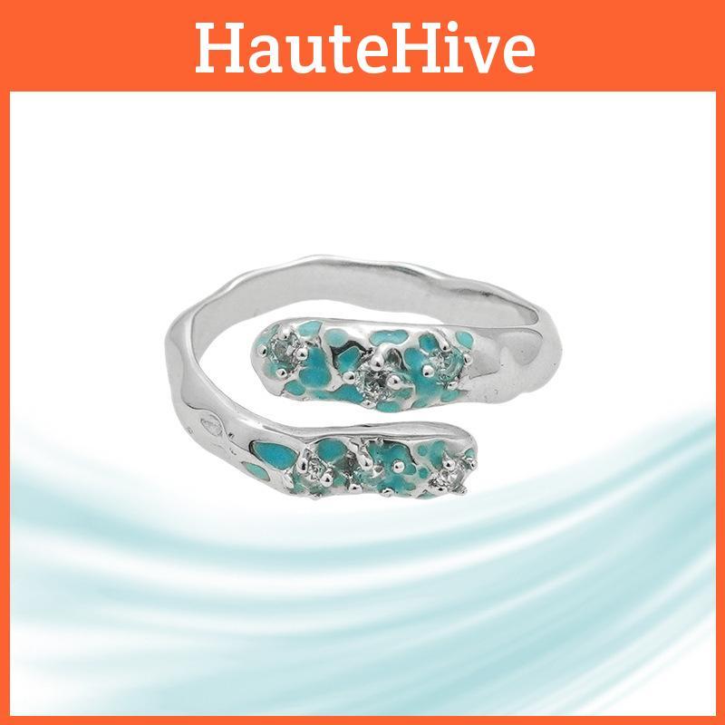 Elegant Adjustable Geometric Copper Ring With Teal Blue Resin And Zircon Embellishments