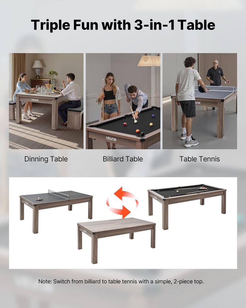 214cm Pool Table Combo Set, 3-in-1 Multi Game Billiards Tables with Dining Top and Ping Pong, 2 Benches for Storage and Accessory, Includes Ball Cue