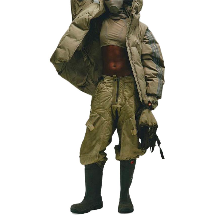 Adidas Originals X Hamcus FW23 Однотонный пуховик на молнии с капюшоном и тремя полосками с логотипом, верхняя одежда унисекс цвета хаки IY5050