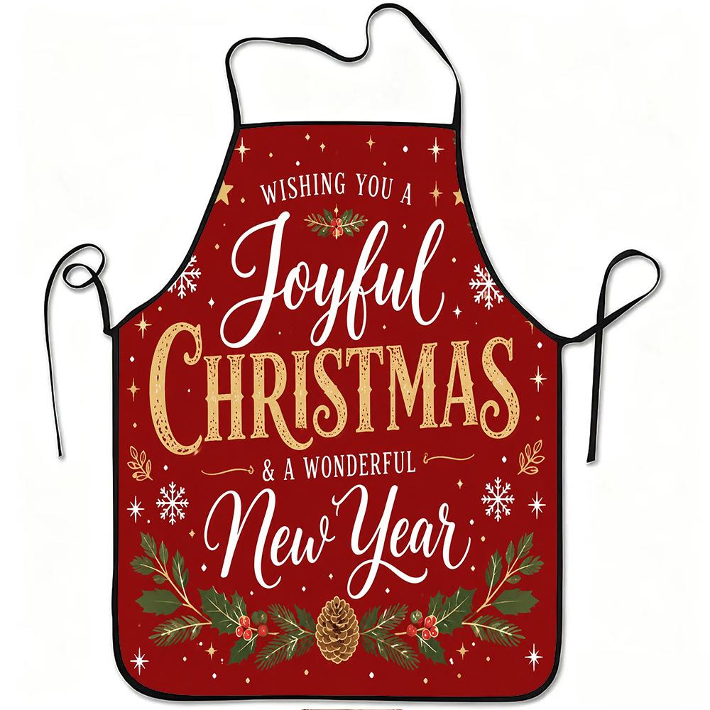 1pc Joyful Christmas New Year Festive Print Apron, Durable and Easy to Clean, Adjustable Waistband, Polyester Material, for Kitchen Cooking, Gardening