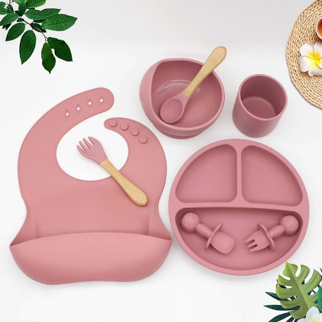 8 Pcs Baby Silicone Bibs Divided Dinner Plate Suction Bowl Spoon Fork Cup Set Deep Orange Red