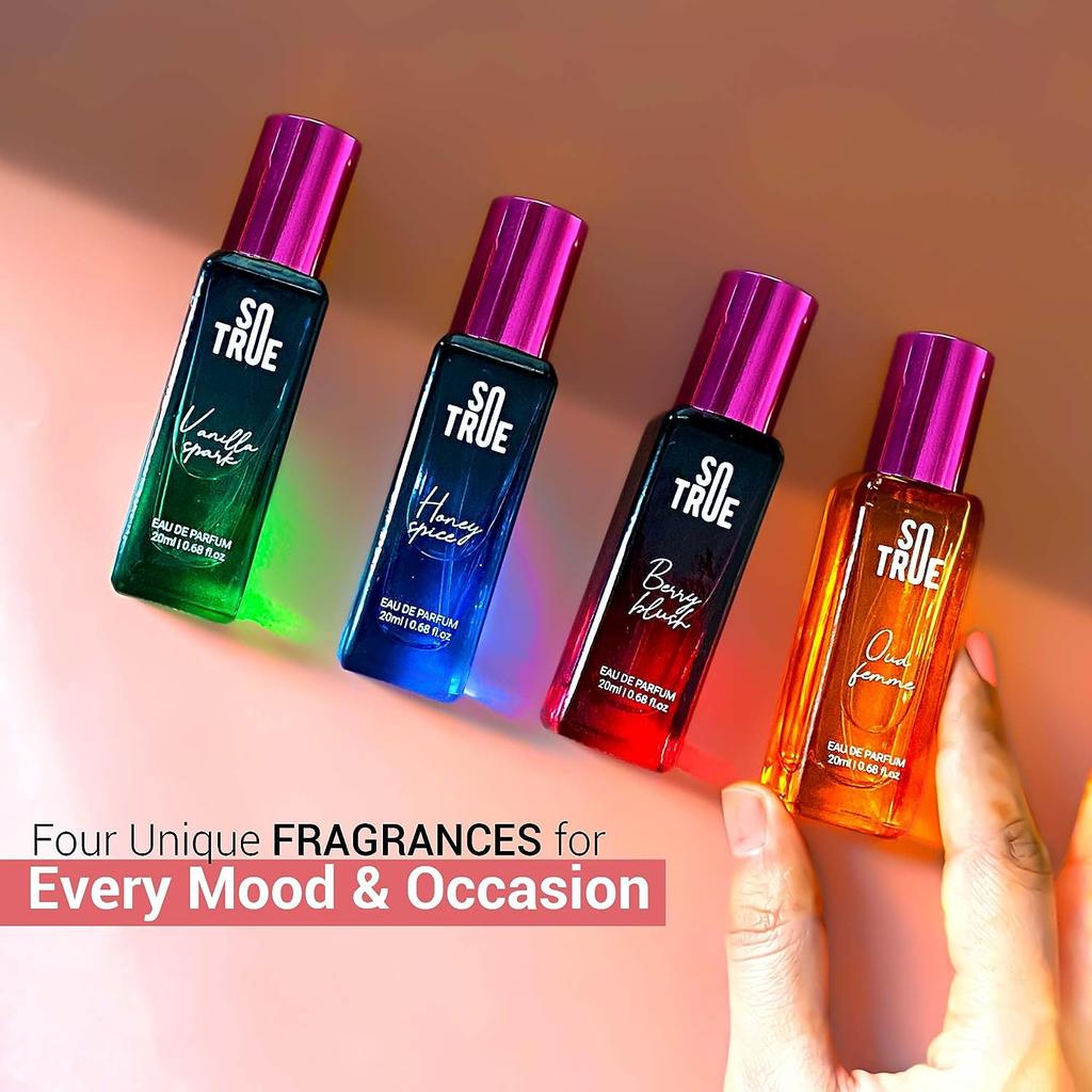 Подарочный набор духов для женщин, упаковка 4x20 мл | Роскошный стойкий парфюмерный спрей премиум-класса | Berry Blush, Honey Spice, Oud Femme и Vanilla Spark