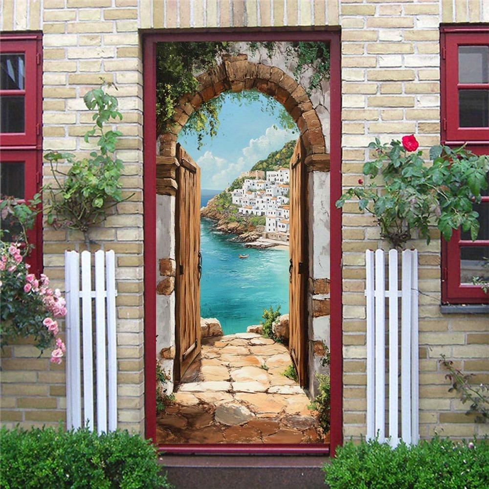 Дверные наклейки в тематике голубого океана с дизайном каменной арки и обоями с средиземноморским пейзажем, подходящие для домашнего декора.