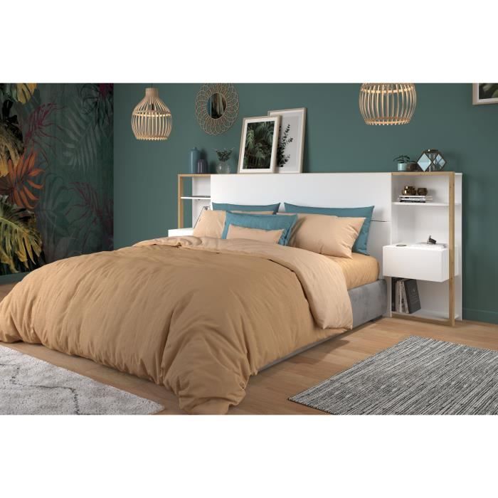 PARISOT Изголовье с полками + встроенные прикроватные тумбочки - Белый и дубовый декор - Д 255 x Г 36 x В 103 см - БЕЛЫЙ