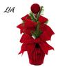 Holiday Table Plants Velvet Christmas Ball Potted Plants, Mini Tree with Artificial Pine, Desktop Red Berry, Fabric Bow, Tabletop Centerpiece for Xmas