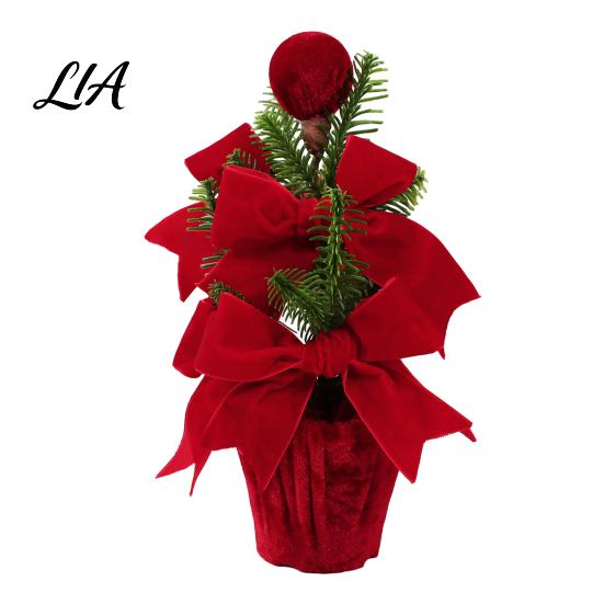 Holiday Table Plants Velvet Christmas Ball Potted Plants, Mini Tree with Artificial Pine, Desktop Red Berry, Fabric Bow, Tabletop Centerpiece for Xmas