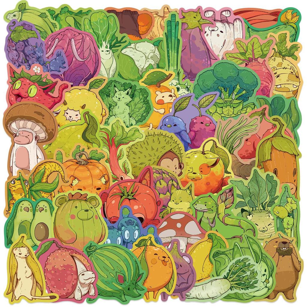 50 Cartoon Fruits, Vegetables, Animals, Graffiti Stickers, Decorative Guitar Notebook Suitcase DIY Waterproof Stickers