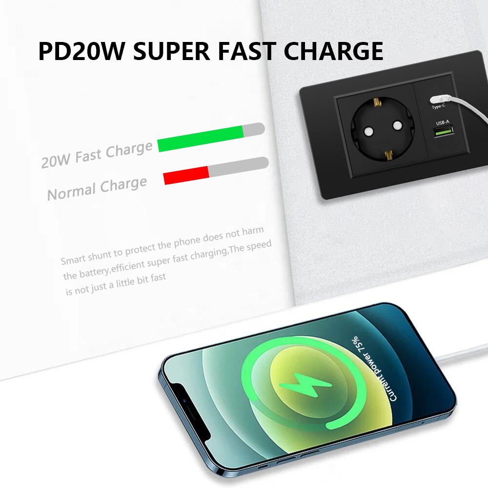 Электрическая розетка европейского корейского стандарта 220 В настенный светильник выключатель питания с USB Type-C 20 Вт интеллектуальная розетка для быстрой зарядки ПК панель ТВ ТЕЛ