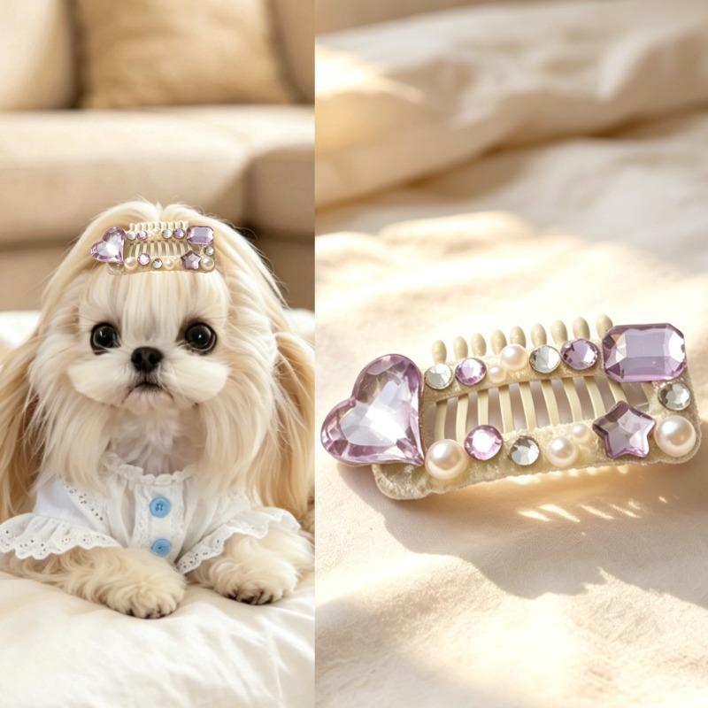 Handmade Purple Rhinestone Pet Hair Clips Set Pearl Crystal Dog Hair Accessories for Maltese Yorkshire Bichon Long Hair Puppy Grooming Decor