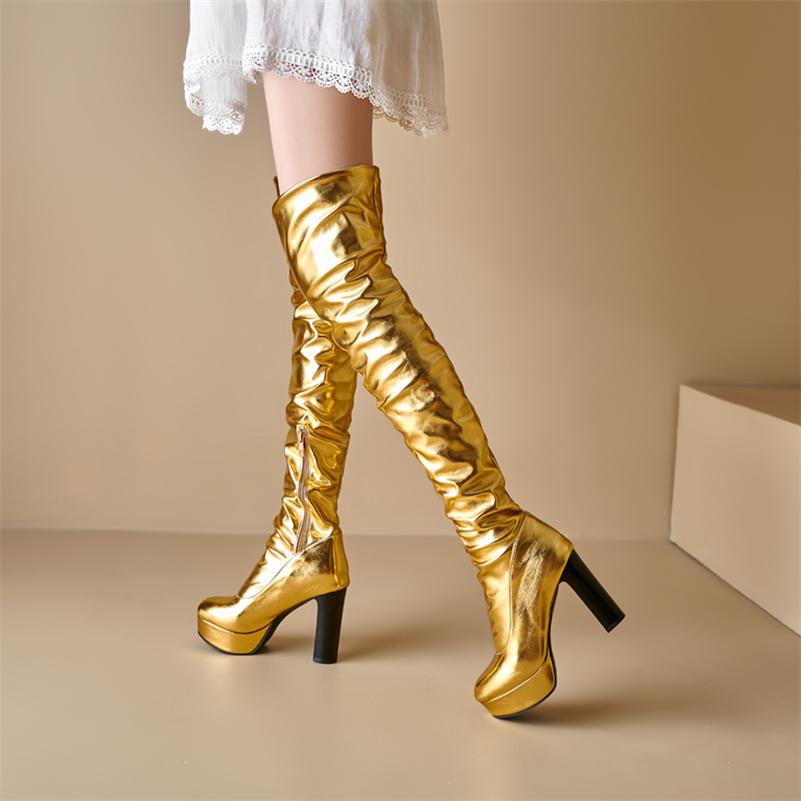 ANNYMOLI Женские сапоги до бедра с круглым носком на платформе и толстом высоком каблуке с молнией и плиссе с металлическим оттенком Длинные сапоги Женская модная обувь Осень-зима
