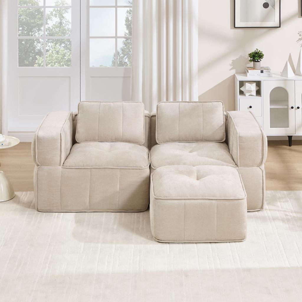 L-shaped two-seater sofa without frame with ottoman, 32D high-density foam, deep seat, skin-friendly fabric, non-slip, for living room, Beige.