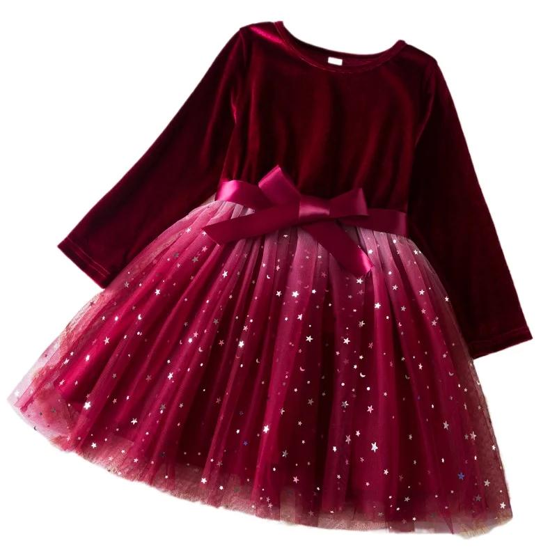 Осень-зима Новое платье для девочек с длинным рукавом из бархата, лоскутное платье со звездами и градиентной сеткой, платье принцессы, рождественские красные вечерние платья