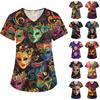 Women's Fashion V-neck Short-sleeved Work Clothes With Pockets Carnival Print Top Care Wear
