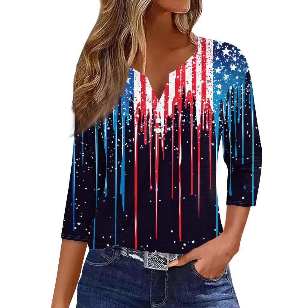 Women's T Shirt Print Button 3/4 Sleeve Daily Weekend Fashion Basic V- Neck Regular Top