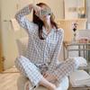 Spring and Autumn Ladies Long Sleeved Pajamas Home Clothing Set Girls Fashion Students Fresh Pink Plaid Pajamas Home Clothing Set