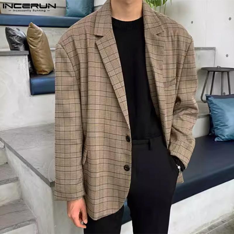 INCERUN Мужской пиджак с зазубренными лацканами и длинным рукавом в клетку, повседневный свободный пиджак
