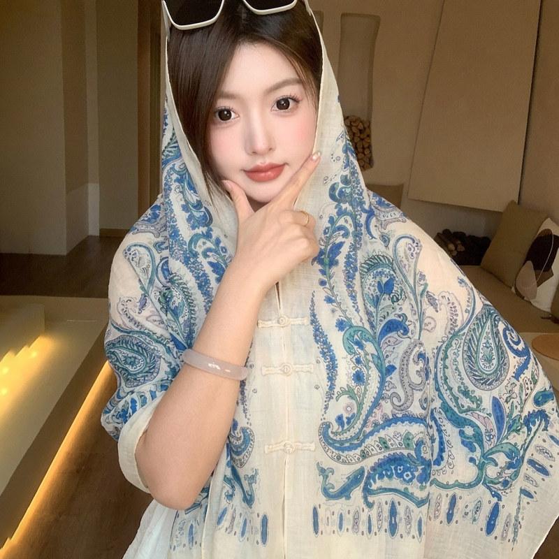 Ethnic style buckle blue shawl summer outside tie-dye cape seaside photo sunscreen silk scarf versatile scarf women