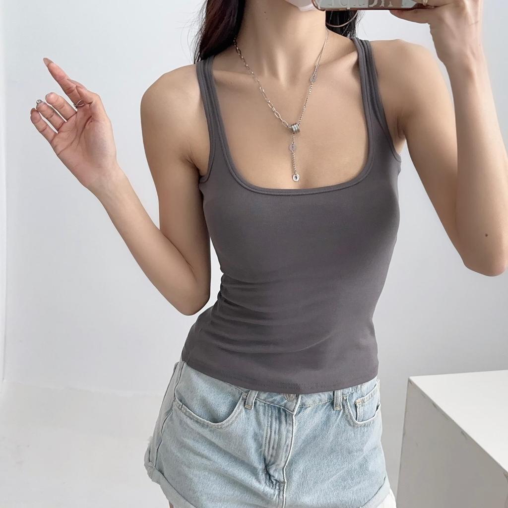 Women Scuplted  Solid Color Square Neck Tank Top