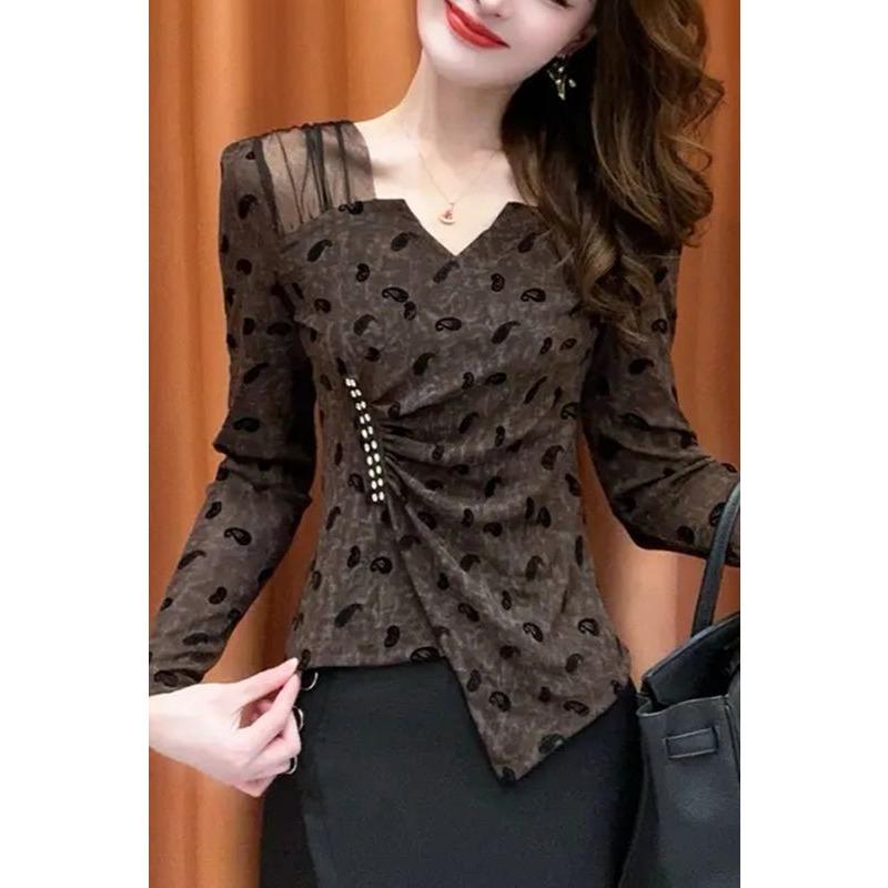 Western Style Irregular Bottoming Shirt for Women Autumn New Top Slim Fit V-neck Long Sleeve Mesh Splicing