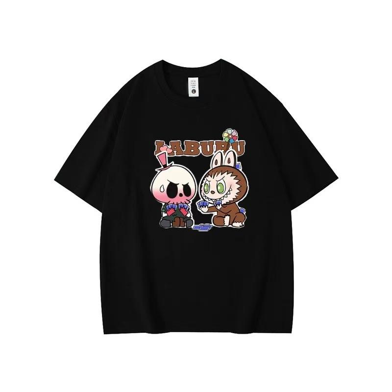 Летний топ с круглым вырезом и принтом с узором Лабубу, модная повседневная женская футболка с коротким рукавом из чистого хлопка