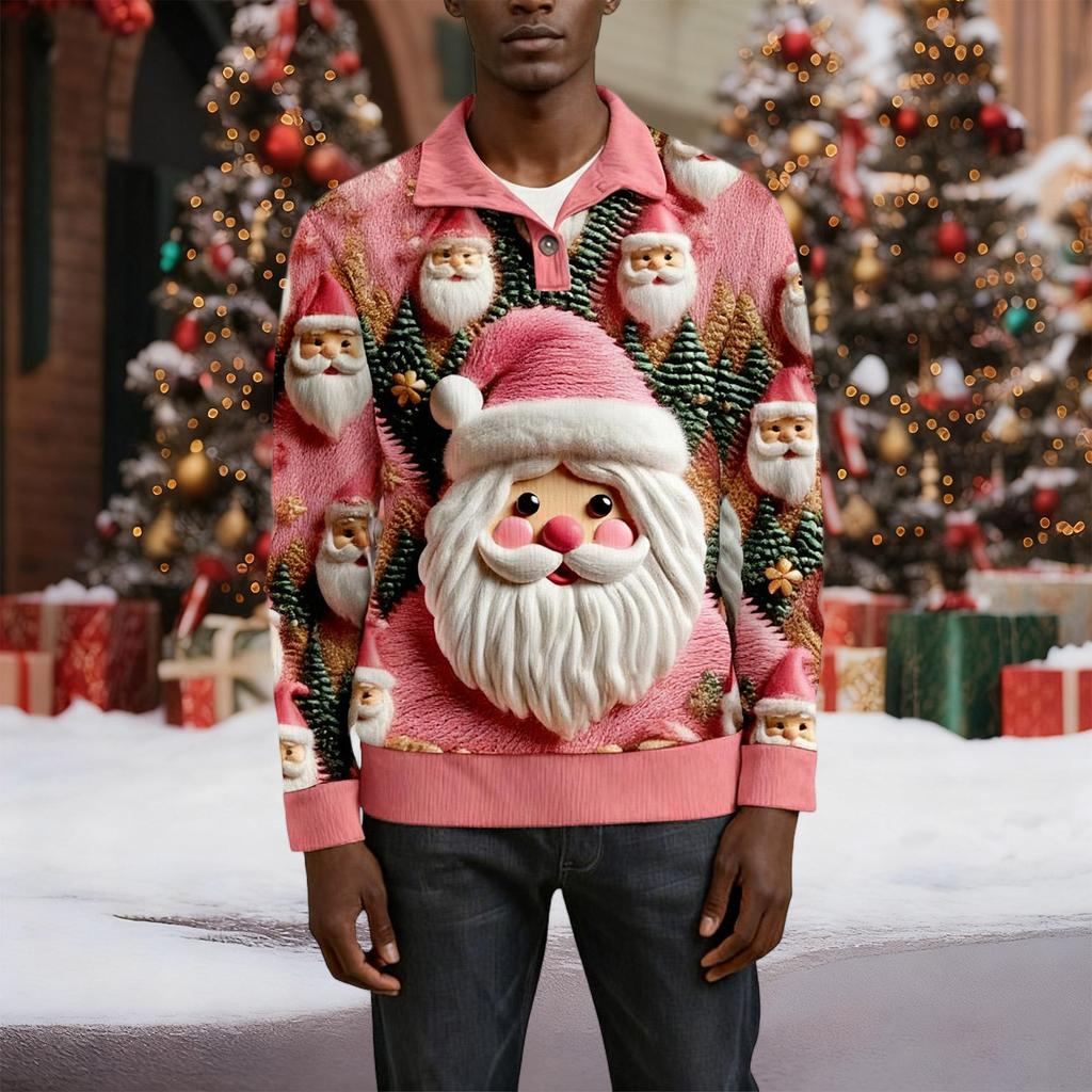 Мужская рождественская хлопковая рубашка-пуловер с длинным рукавом для активного отдыха, винтажная вельветовая рубашка с воротником-стойкой и пуговицами, повседневная толстовка с рождественским принтом