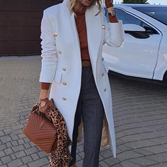 Женское шерстяное пальто длиной до колена на осень-зиму, двубортное пальто с лацканами и длинными рукавами, однотонная верхняя одежда, уличная одежда