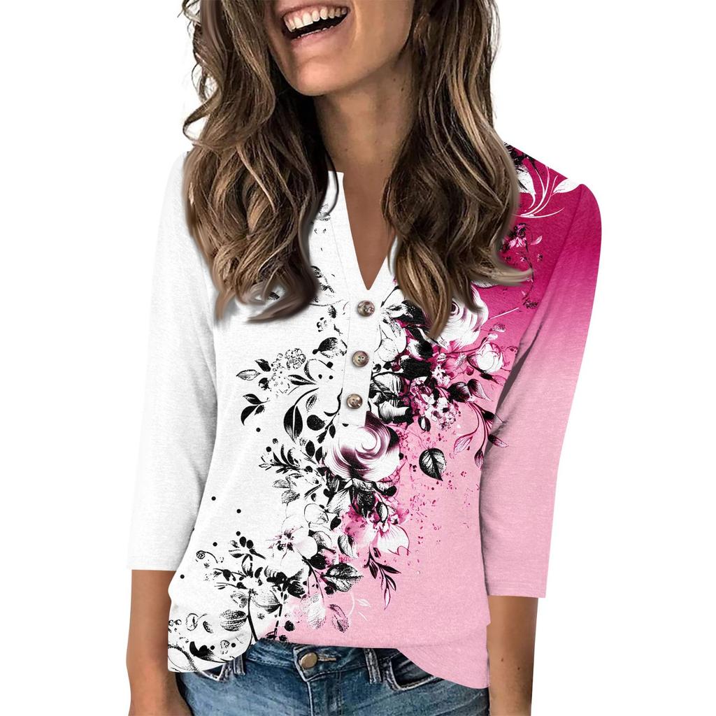 Women's Fashionable Casual 3/4 Sleeve Button Print V-Neck Pullover Top