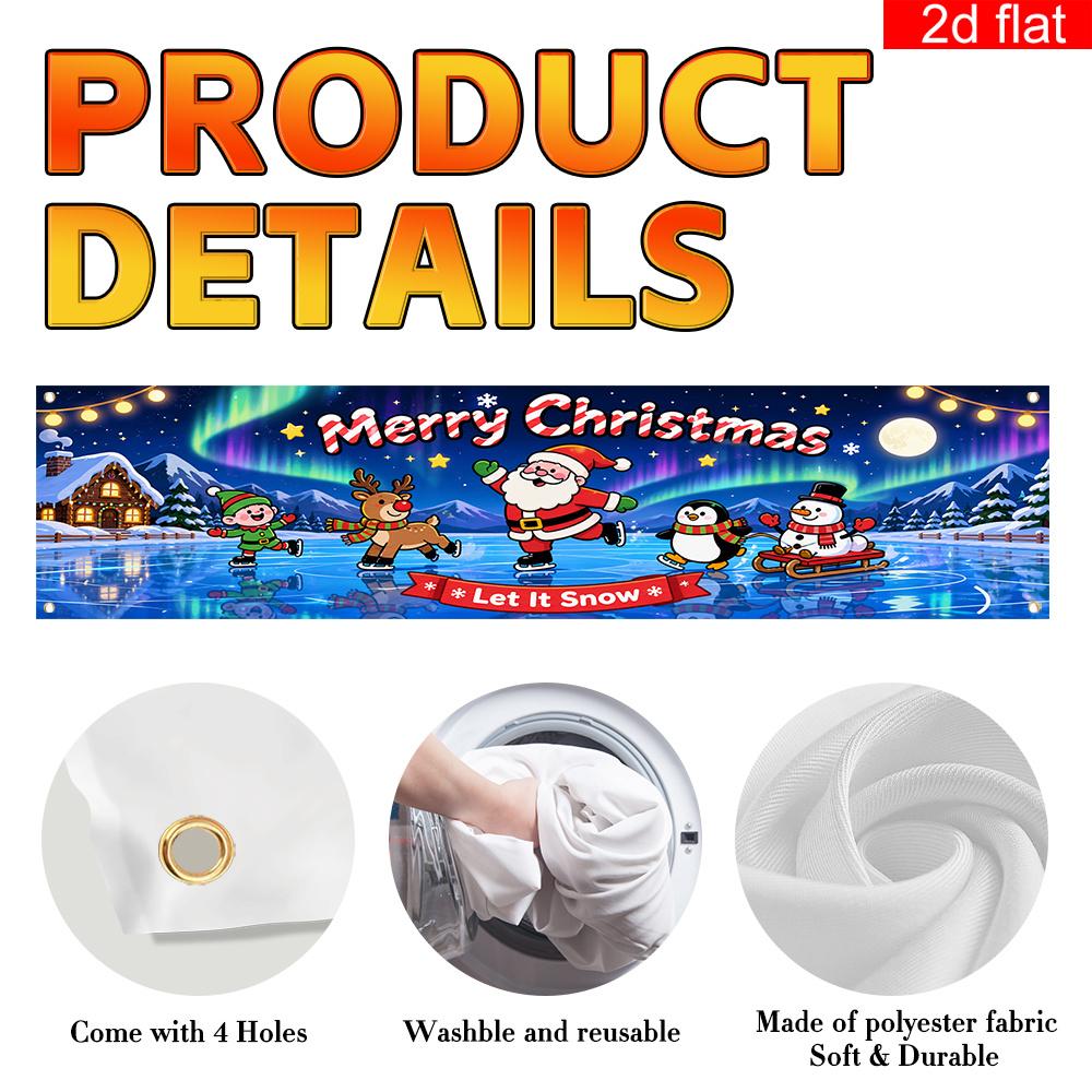 Merry Christmas Yard Sign Party Banner, Santa Claus Reindeer Penguin Snowman Ice Skating Pattern, Polyester Outdoor Fence Decoration