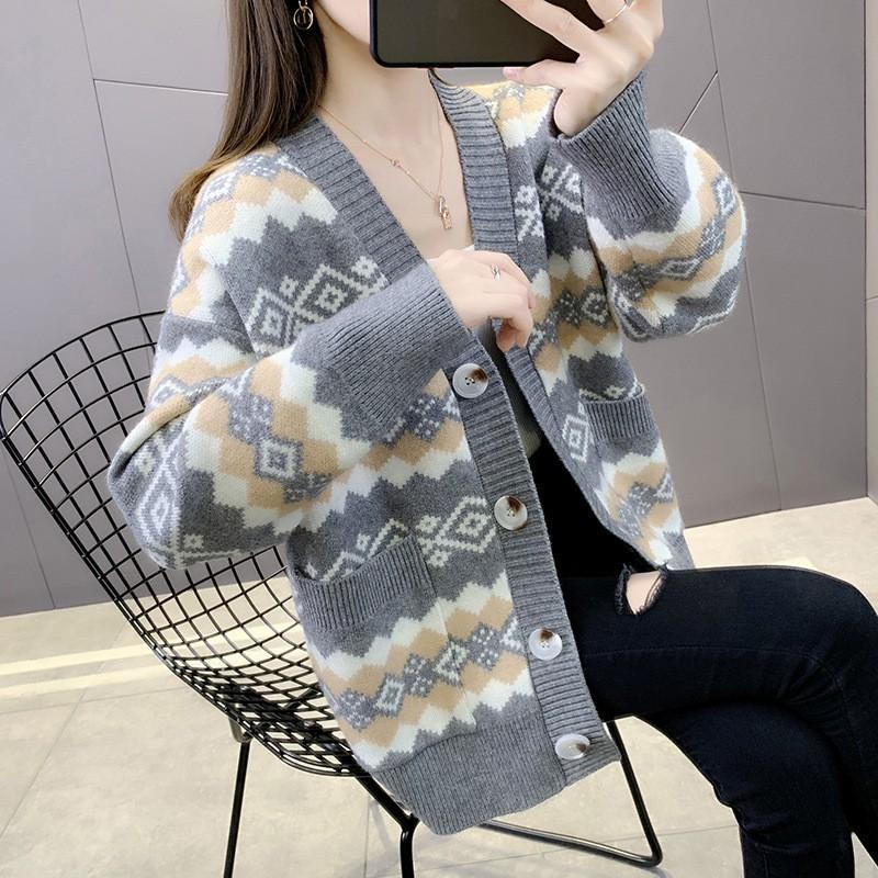 Женский oversized вязаный кардиган в винтажном бохо стиле, с длинным рукавом, V-образным вырезом, толстый теплый свитер