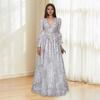 Women Evening Dress Deep V Neck Lace Floral Embroideried Maxi Dress A-line