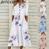 Элегантные женские платья с V-образным вырезом, коротким рукавом, на пуговицах, вечернее платье, женское летнее винтажное платье с принтом, повседневные свободные цветочные женские платья
