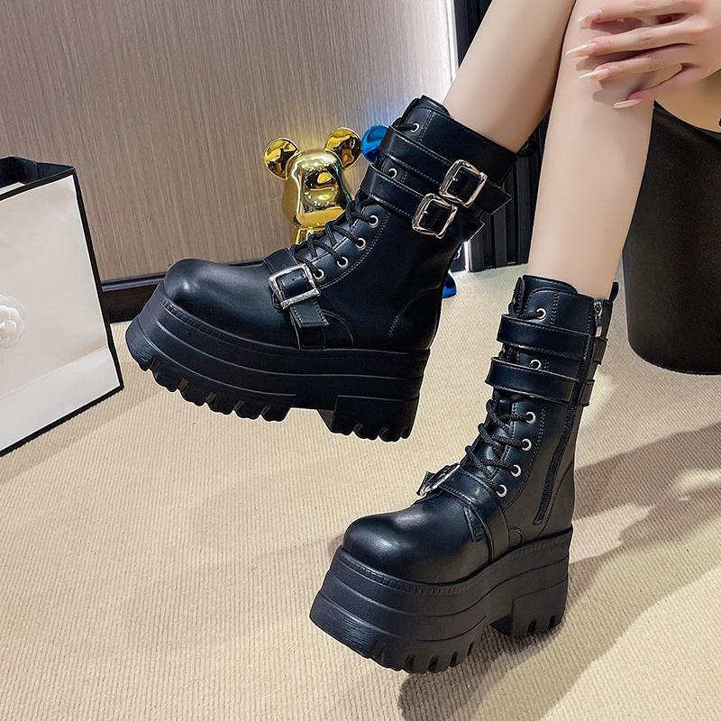 Fashion 9CM Chunky Platform Ankle Boots Women 2025 New Autumn Winter Motorcycle Boots Woman Thick Bottom Non Slip Leather Combat Boots