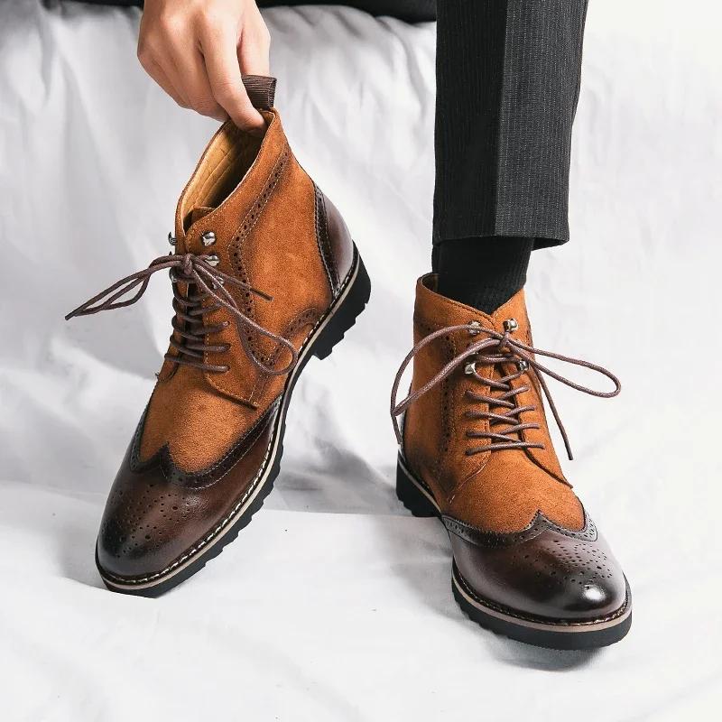 Fashion New High Top Men Shoes Luxury Business Dress Ankle Boots For Male Comfortable Men's Fashion Brogue Leather Motorcycle Boots Man