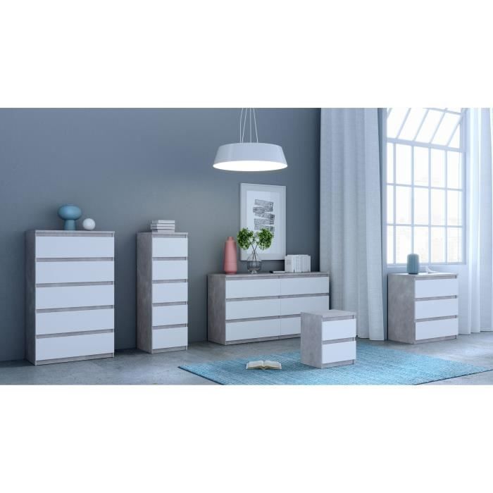 Commode CHELSEA 5 tiroirs - 41,8 cm - Décor optique béton clair KILOX et blanc mat