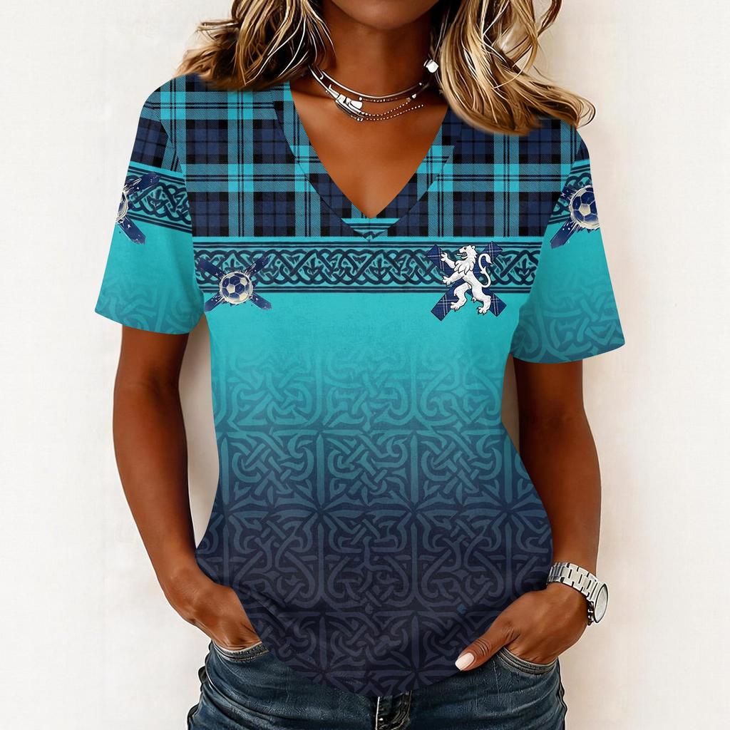Women's Short Sleeve V-Neck T-Shirt with Soccer Flag Print for Casual Day Wear