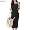 Women Casual Square Collar 3/4 Sleeve Slim Sheath Dres