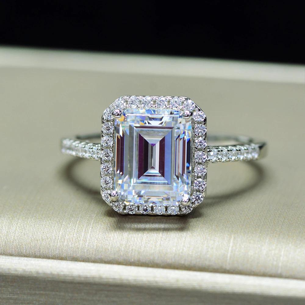 925 Silver Rectangle Real Moissanite Diamond Ring D Color VVS Clarity Timeless Feminine Luxury Jewelry