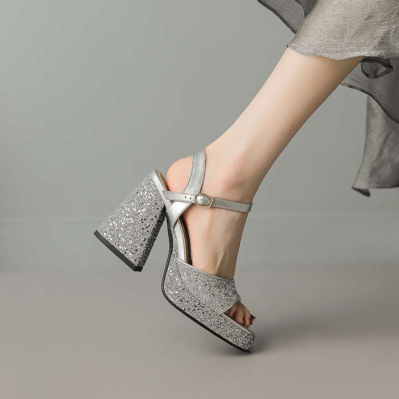 Krazing Pot Sequin Cloth Peep Toe Super High Heels Summer Shoes Buckle Straps Modern Party Fashion Women Sandals