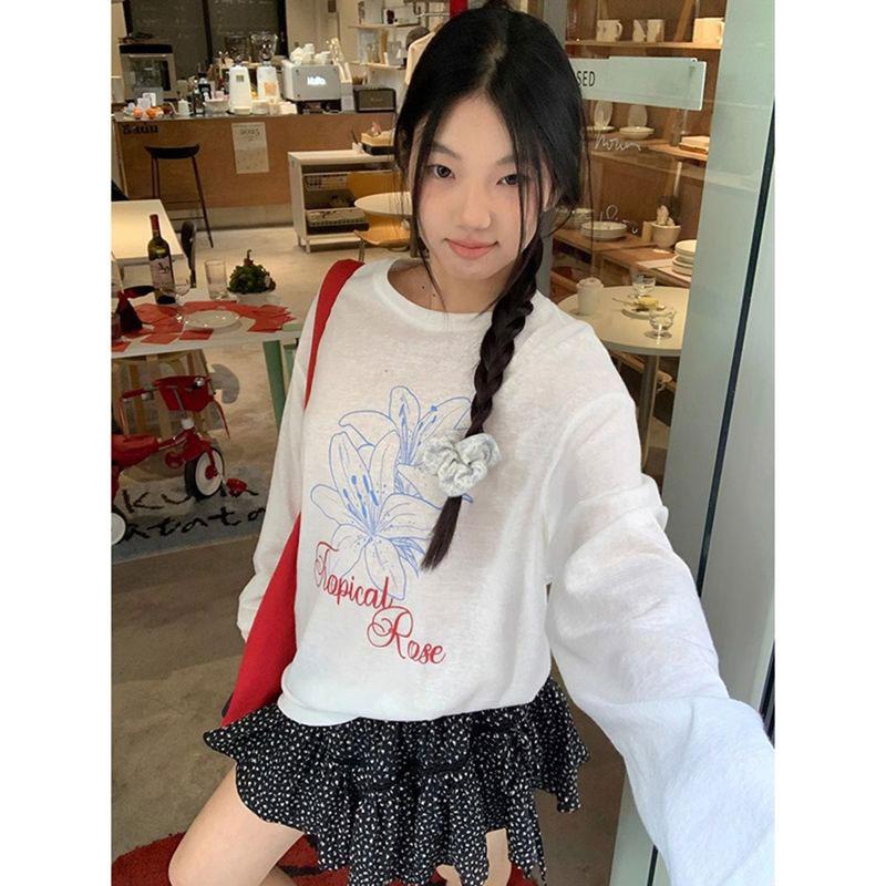 Весенне-летние футболки с длинным рукавом с цветочным принтом, женские повседневные оверсайз, тонкие, слегка защищающие от солнца, топы-накидки, белая футболка